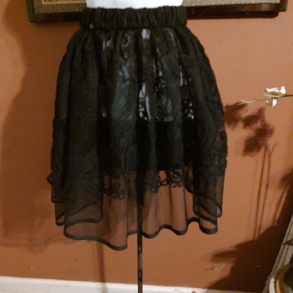 🕷️🖤🕷️ Beautiful Handmade Black Beaded Floral Ribbon Sheer Organza Skirt - M